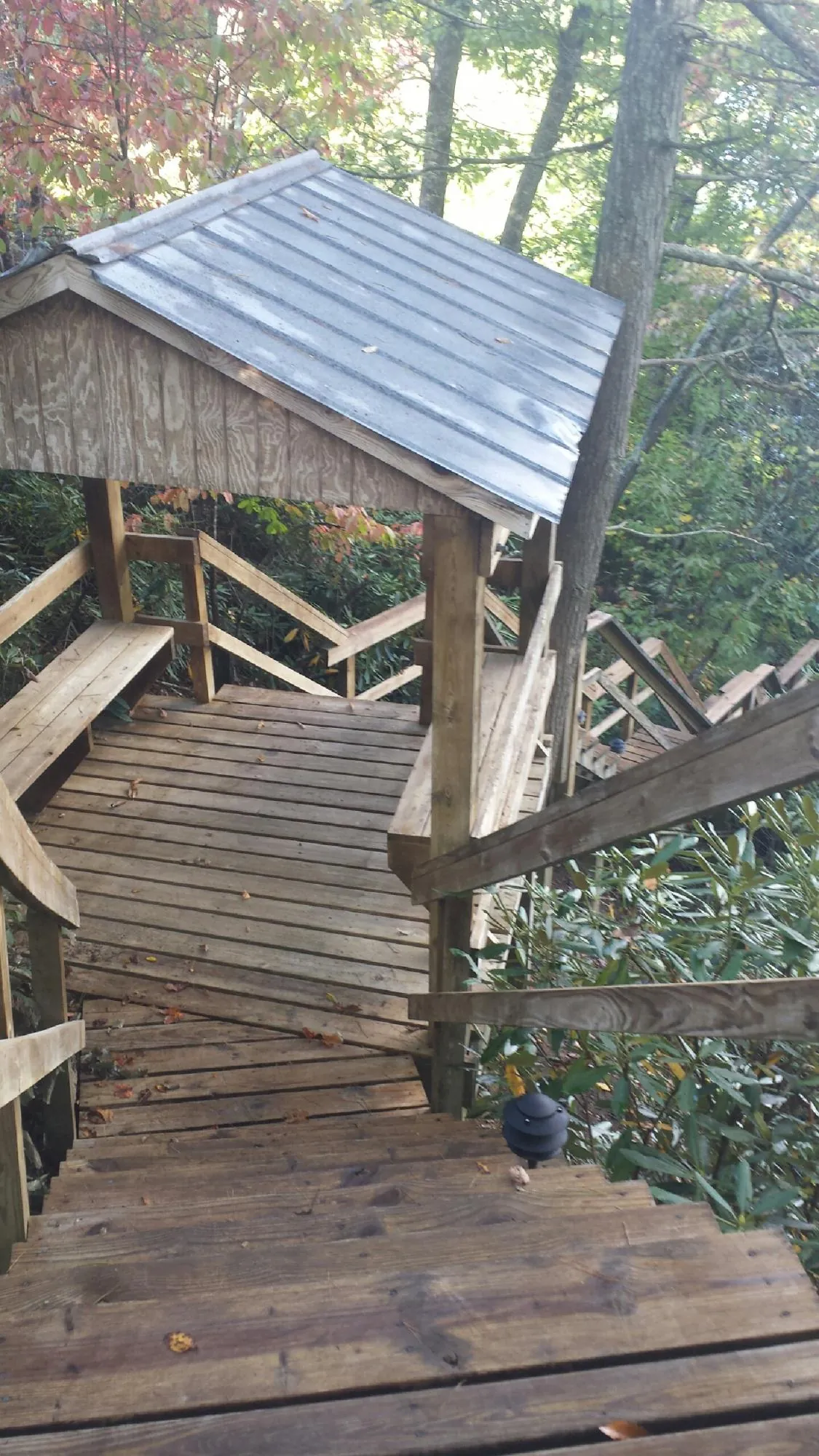 Metal roofed shelter over wooden steps on a wooded walkway — Skylight Repair & Installation work by our crew in East Hickory